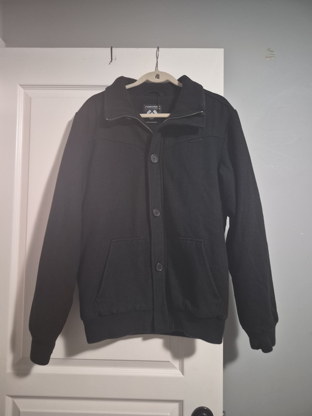 Men's Black Button-Front Bomber Jacket with Ribbed Hem